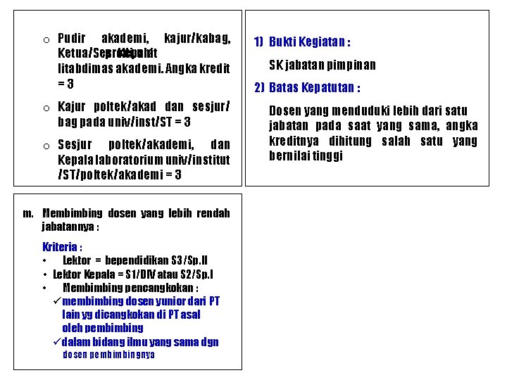 o Pudir akademi, kajur/kabag, Ketua/Ses prodi, Kepala unit litabdimas akademi. Angka kredit =3 o