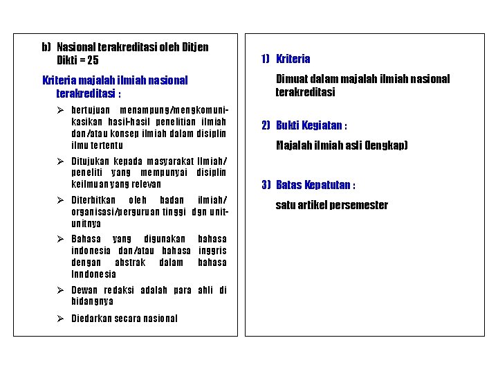 b) Nasional terakreditasi oleh Ditjen Dikti = 25 Kriteria majalah ilmiah nasional terakreditasi :