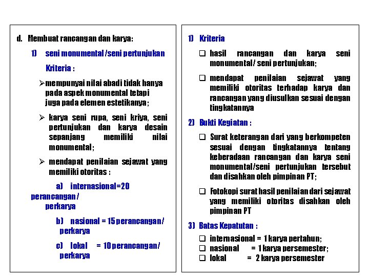 d. Membuat rancangan dan karya: 1) seni monumental/seni pertunjukan Kriteria : Ø mempunyai nilai
