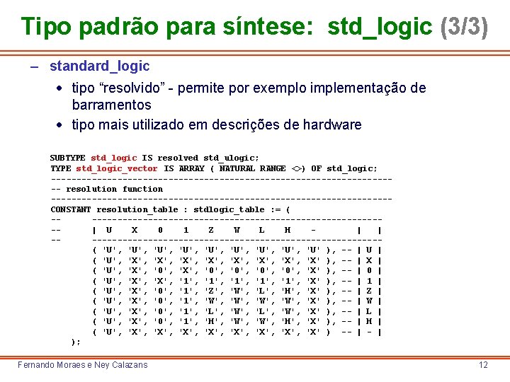 Tipo padrão para síntese: std_logic (3/3) – standard_logic · tipo “resolvido” - permite por
