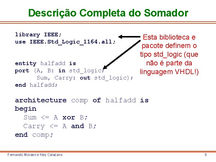 Descrição Completa do Somador library IEEE; use IEEE. Std_Logic_1164. all; entity halfadd is port