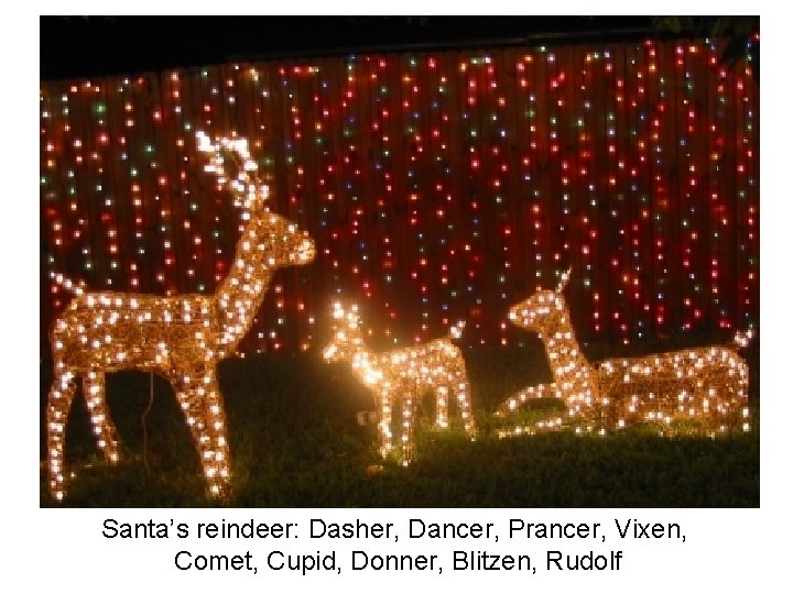 Santa’s reindeer: Dasher, Dancer, Prancer, Vixen, Comet, Cupid, Donner, Blitzen, Rudolf 