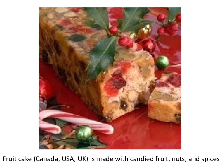 Fruit cake (Canada, USA, UK) is made with candied fruit, nuts, and spices 