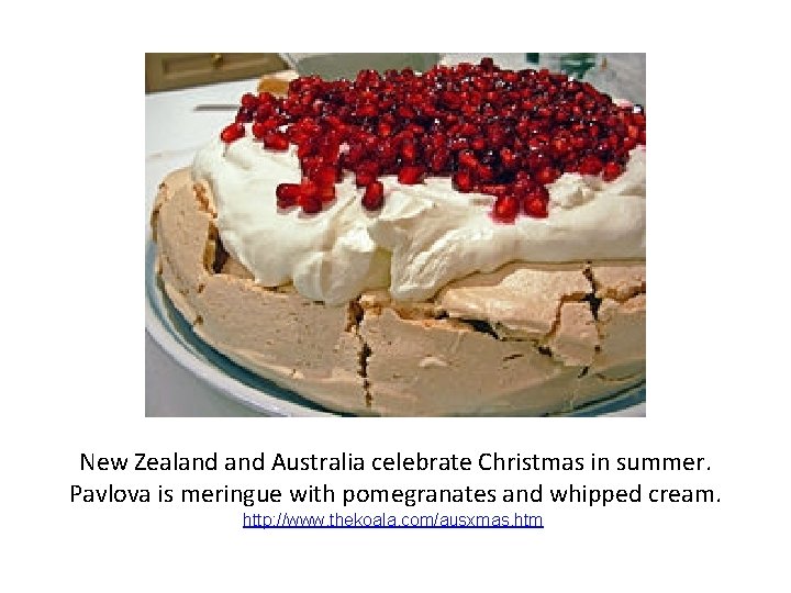 New Zealand Australia celebrate Christmas in summer. Pavlova is meringue with pomegranates and whipped