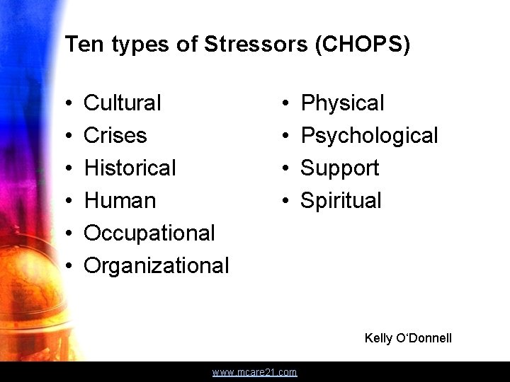 Ten types of Stressors (CHOPS) • • • Cultural Crises Historical Human Occupational Organizational