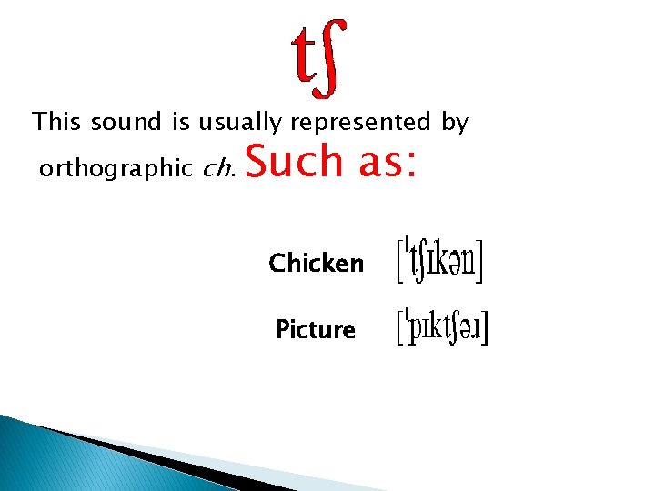 This sound is usually represented by orthographic ch. Such as: Chicken Picture  This sound is usually represented by orthographic ch. Such as: Chicken Picture