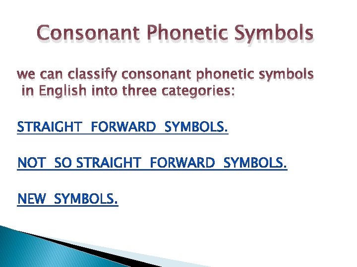 Consonant Phonetic Symbols we can classify consonant phonetic symbols in English into three categories: Consonant Phonetic Symbols we can classify consonant phonetic symbols in English into three categories:
