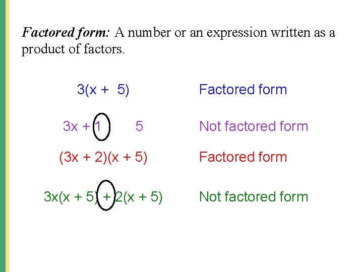 Factored form: A number or an expression written as a product of factors. 3(x