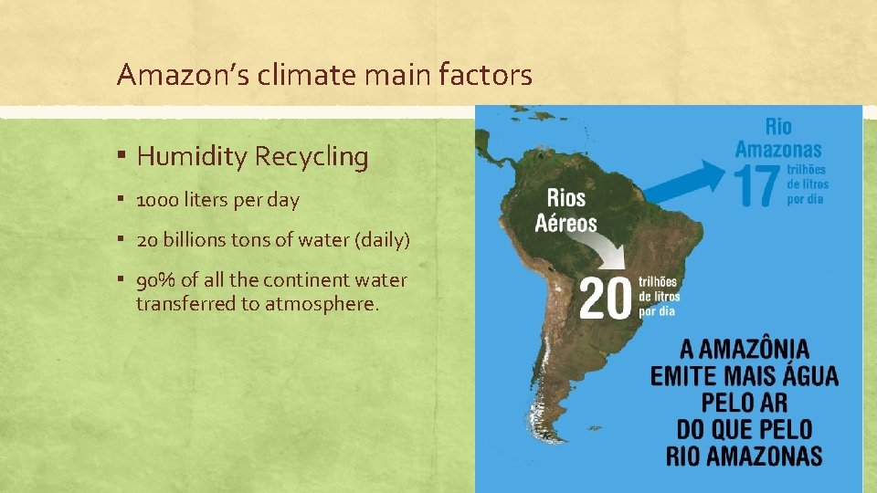 Amazon’s climate main factors ▪ Humidity Recycling ▪ 1000 liters per day ▪ 20