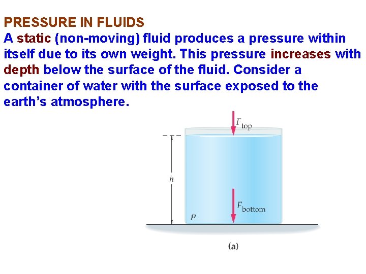 PRESSURE IN FLUIDS A static (non-moving) fluid produces a pressure within itself due to