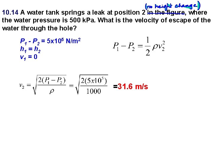 10. 14 A water tank springs a leak at position 2 in the figure,
