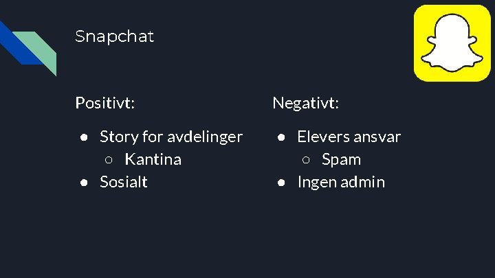 Snapchat Positivt: Negativt: ● Story for avdelinger ○ Kantina ● Sosialt ● Elevers ansvar