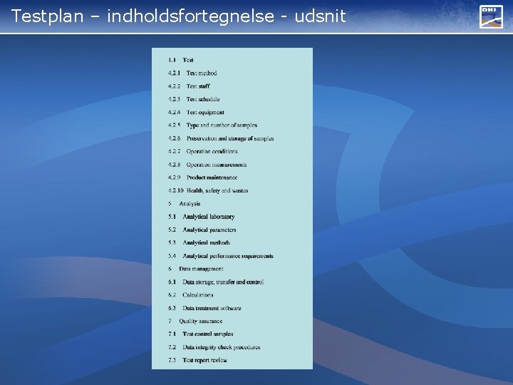 Testplan – indholdsfortegnelse - udsnit 