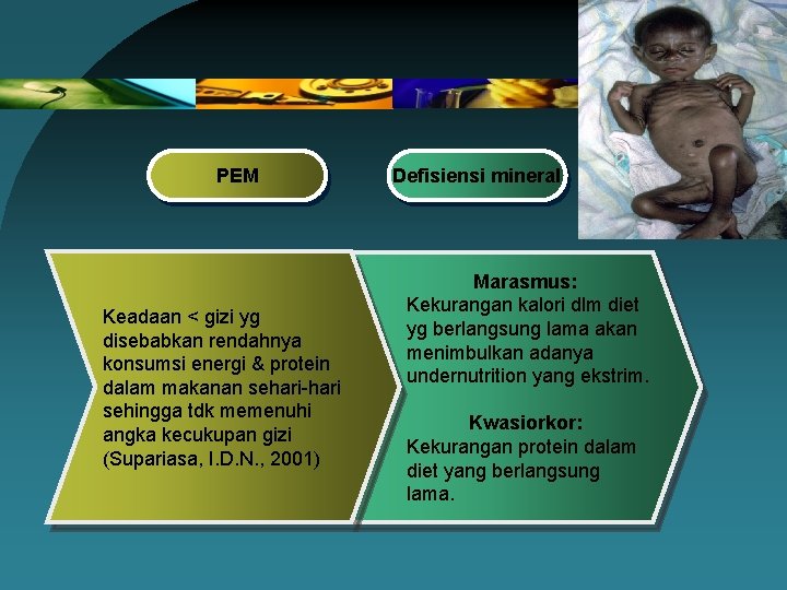 PEM Keadaan < gizi yg disebabkan rendahnya konsumsi energi & protein dalam makanan sehari-hari