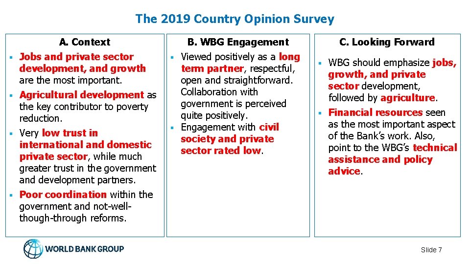 The 2019 Country Opinion Survey A. Context Jobs and private sector development, and growth