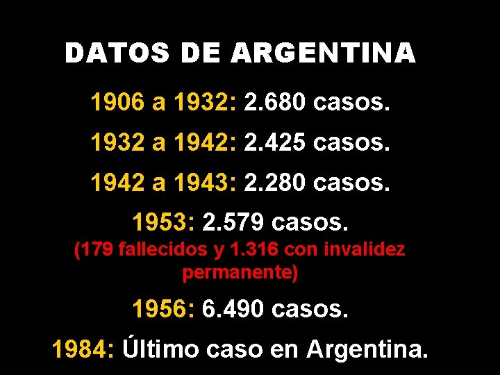 DATOS DE ARGENTINA 1906 a 1932: 2. 680 casos. 1932 a 1942: 2. 425