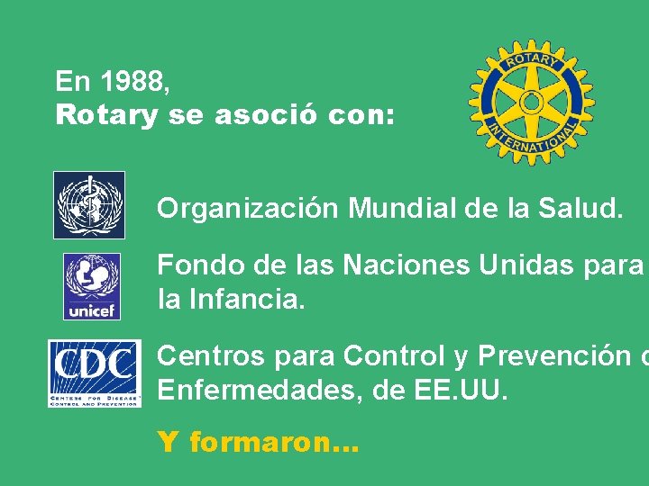 En 1988, Rotary se asoció con: Organización Mundial de la Salud. Fondo de las