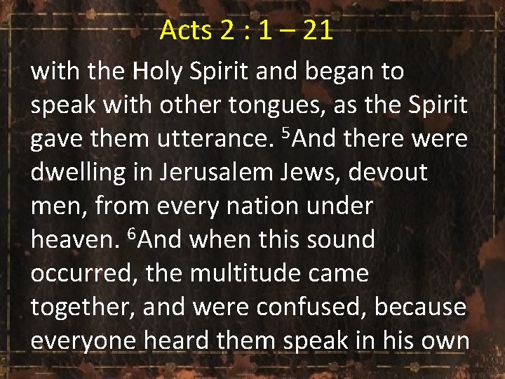 Acts 2 : 1 – 21 with the Holy Spirit and began to speak