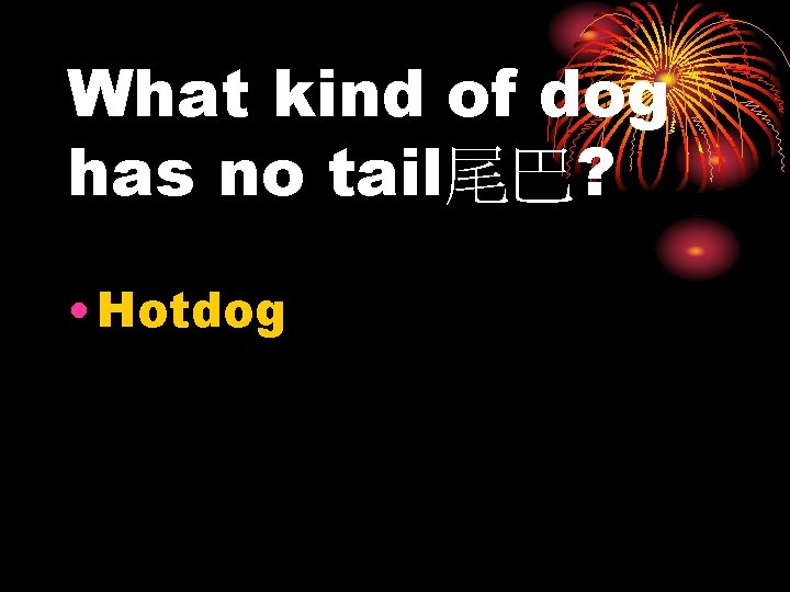 What kind of dog has no tail尾巴? • Hotdog 