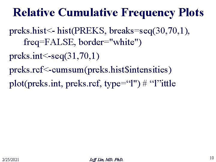 Relative Cumulative Frequency Plots preks. hist<- hist(PREKS, breaks=seq(30, 70, 1), freq=FALSE, border="white") preks. int<-seq(31,