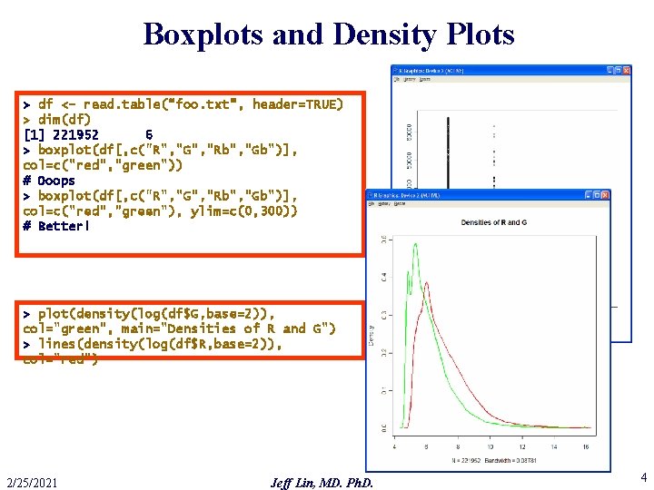 Boxplots and Density Plots > df <- read. table(“foo. txt”, header=TRUE) > dim(df) [1]