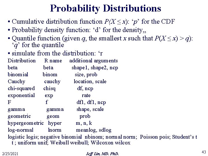 Probability Distributions • Cumulative distribution function P(X ≤ x): ‘p’ for the CDF •