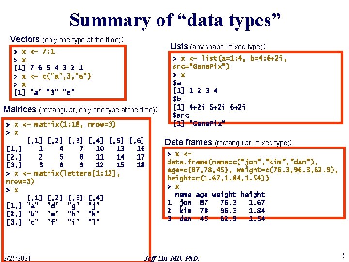 Summary of “data types” Vectors (only one type at the time): > x >