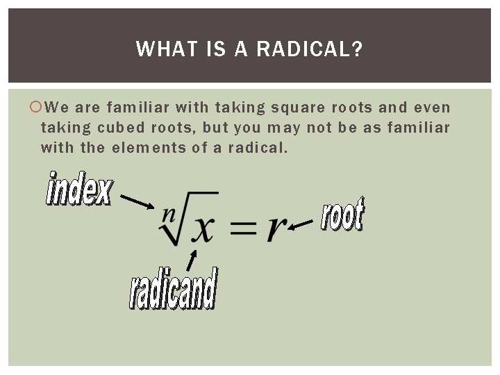 WHAT IS A RADICAL? We are familiar with taking square roots and even taking