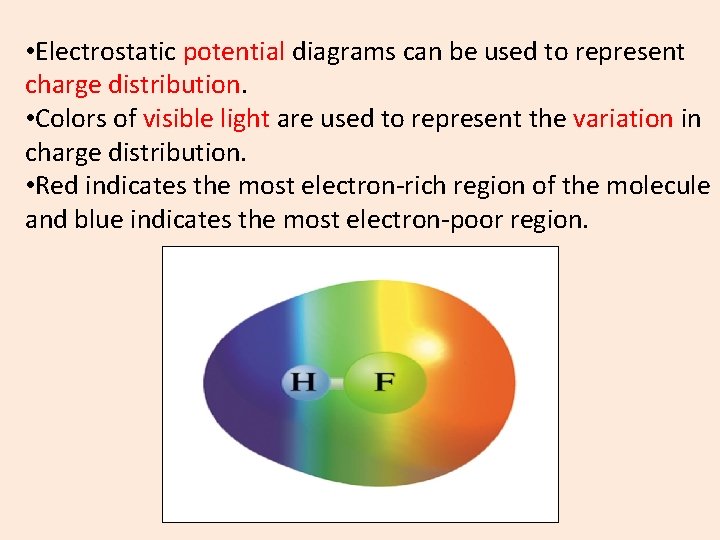  • Electrostatic potential diagrams can be used to represent charge distribution. • Colors