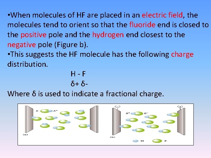  • When molecules of HF are placed in an electric field, the molecules