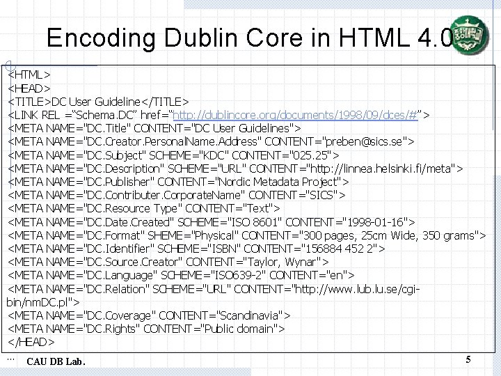 Encoding Dublin Core in HTML 4. 0 <HTML> <HEAD> <TITLE>DC User Guideline</TITLE> <LINK REL