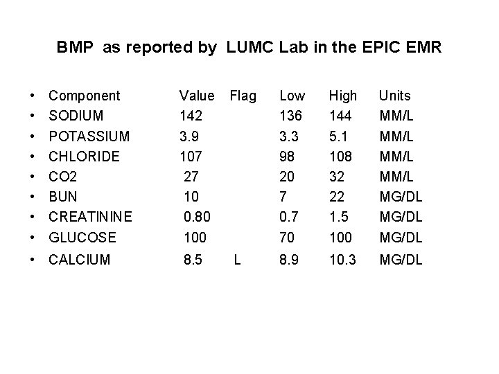 BMP as reported by LUMC Lab in the EPIC EMR • • Component SODIUM