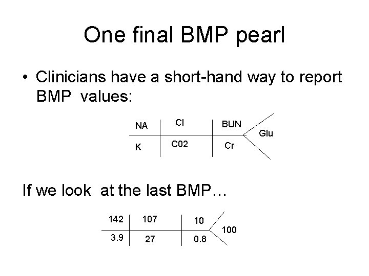 One final BMP pearl • Clinicians have a short-hand way to report BMP values: