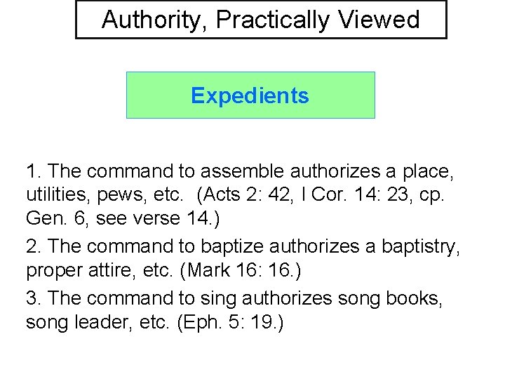 Authority, Practically Viewed Expedients 1. The command to assemble authorizes a place, utilities, pews,