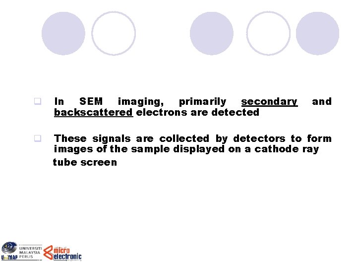 q In SEM imaging, primarily secondary backscattered electrons are detected and q These signals