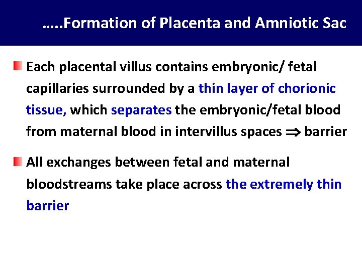 …. . Formation of Placenta and Amniotic Sac Each placental villus contains embryonic/ fetal