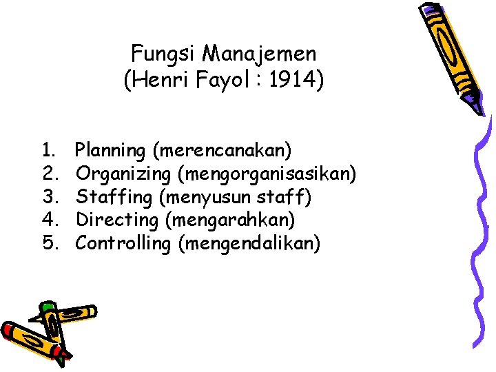 Fungsi Manajemen (Henri Fayol : 1914) 1. 2. 3. 4. 5. Planning (merencanakan) Organizing
