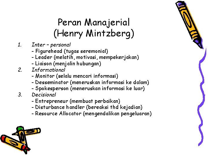 Peran Manajerial (Henry Mintzberg) 1. 2. 3. Inter – personal - Figurehead (tugas seremonial)