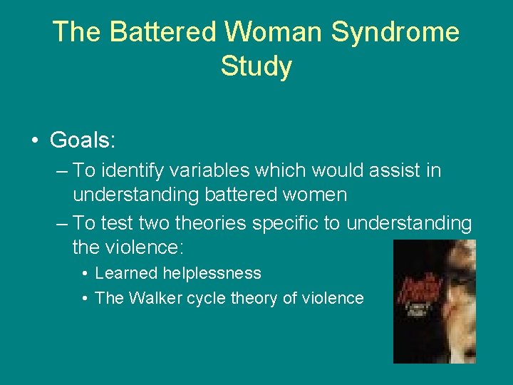The Battered Woman Syndrome Study • Goals: – To identify variables which would assist