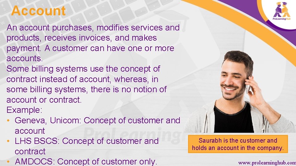 Account An account purchases, modifies services and products, receives invoices, and makes payment. A