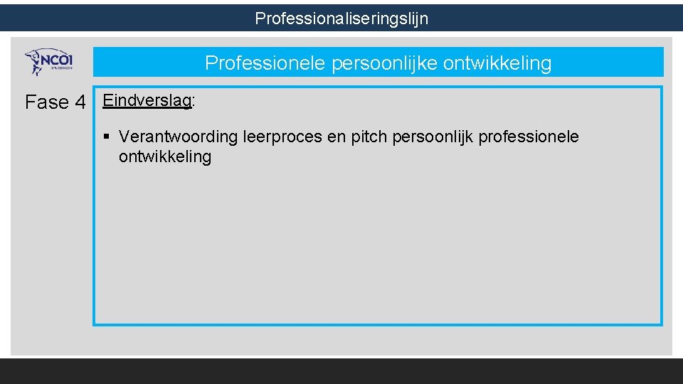 Professionaliseringslijn Professionele persoonlijke ontwikkeling Fase 4 Eindverslag: § Verantwoording leerproces en pitch persoonlijk professionele