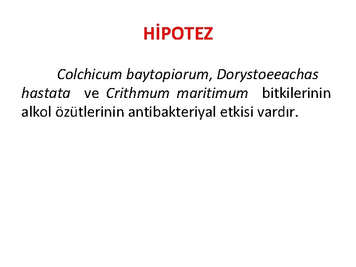 HİPOTEZ Colchicum baytopiorum, Dorystoeeachas hastata ve Crithmum maritimum bitkilerinin alkol özütlerinin antibakteriyal etkisi vardır.