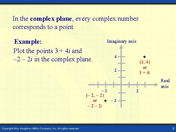 In the complex plane, every complex number corresponds to a point. Example: Plot the