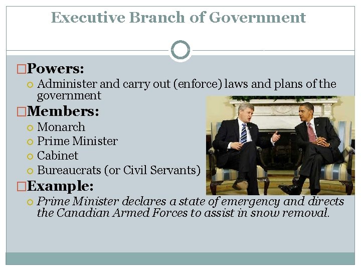 Executive Branch of Government �Powers: Administer and carry out (enforce) laws and plans of