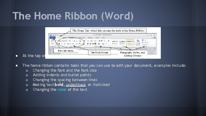 The Home Ribbon (Word) ● At the top of each application you will see