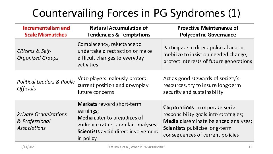 Countervailing Forces in PG Syndromes (1) Incrementalism and Scale Mismatches Citizens & Self. Organized
