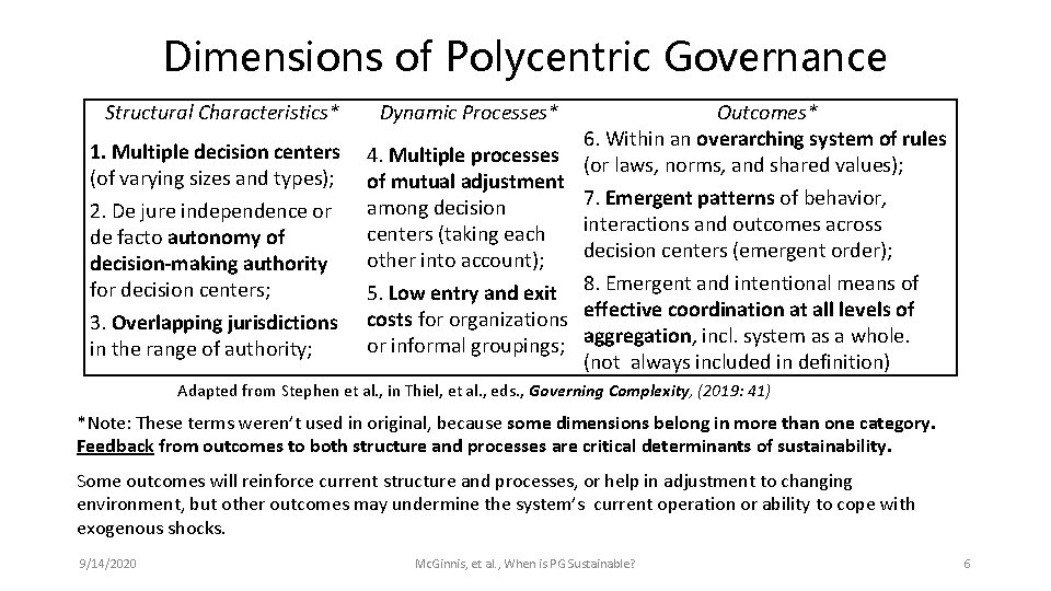 Dimensions of Polycentric Governance Structural Characteristics* Dynamic Processes* 1. Multiple decision centers (of varying