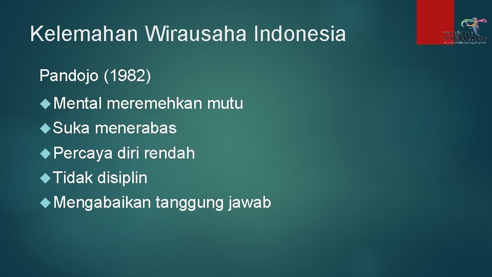 Kelemahan Wirausaha Indonesia Pandojo (1982) Mental Suka meremehkan mutu menerabas Percaya Tidak diri rendah Kelemahan Wirausaha Indonesia Pandojo (1982) Mental Suka meremehkan mutu menerabas Percaya Tidak diri rendah