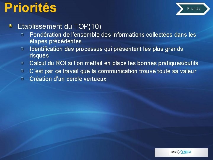 Priorités Etablissement du TOP(10) Pondération de l’ensemble des informations collectées dans les étapes précédentes.