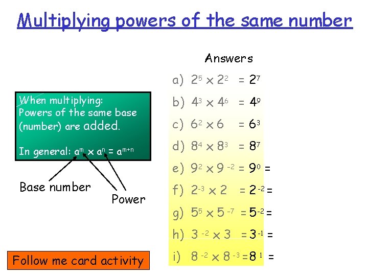 Multiplying powers of the same number Answers a) 25 x 22 = 27 When